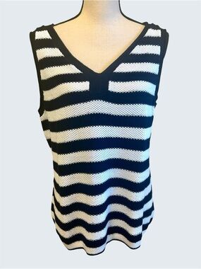 Talbots Linen Blend Tank Top Blue White V-Neck Striped Knit Plus size 2X